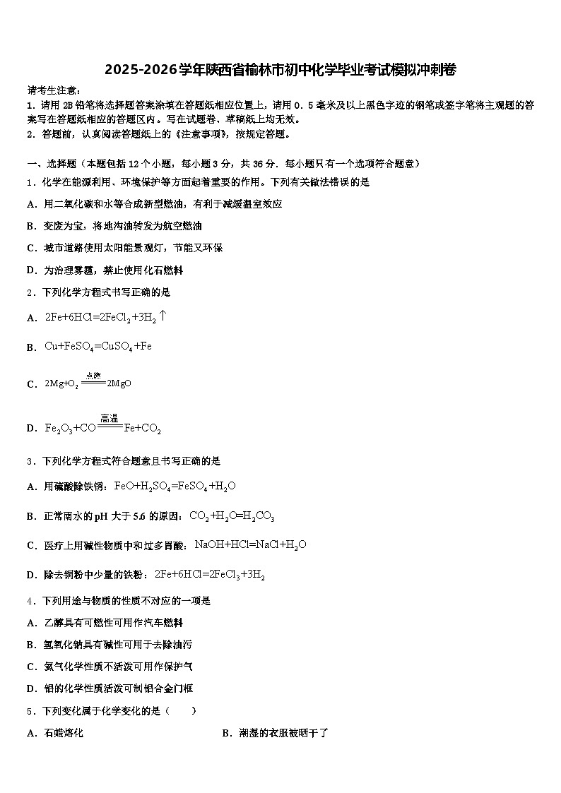 2025-2026学年陕西省榆林市初中化学毕业考试模拟冲刺卷（含答案解析）第1页