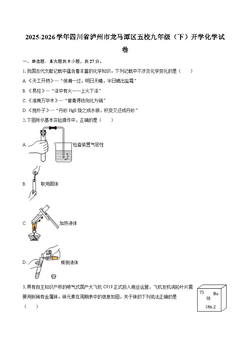 2025-2026学年四川省泸州市龙马潭区五校九年级（下）开学化学试卷-自定义类型第1页
