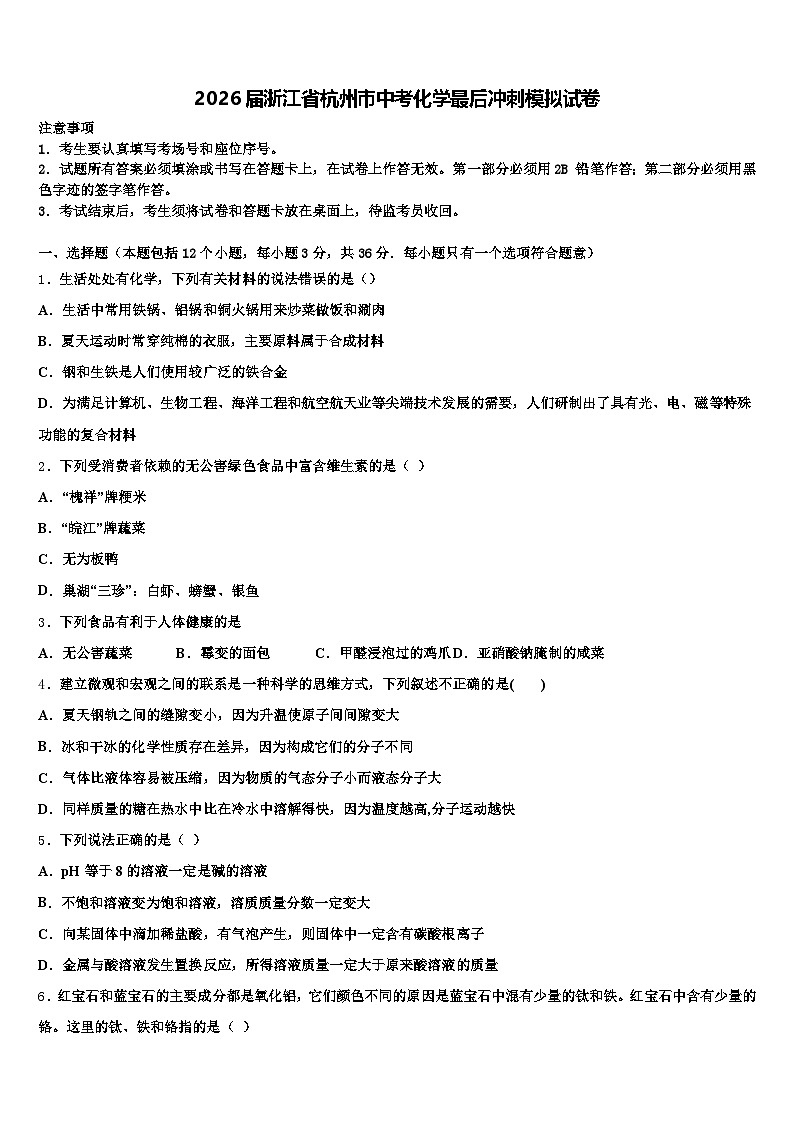 2026届浙江省杭州市中考化学最后冲刺模拟试卷（含答案解析）第1页
