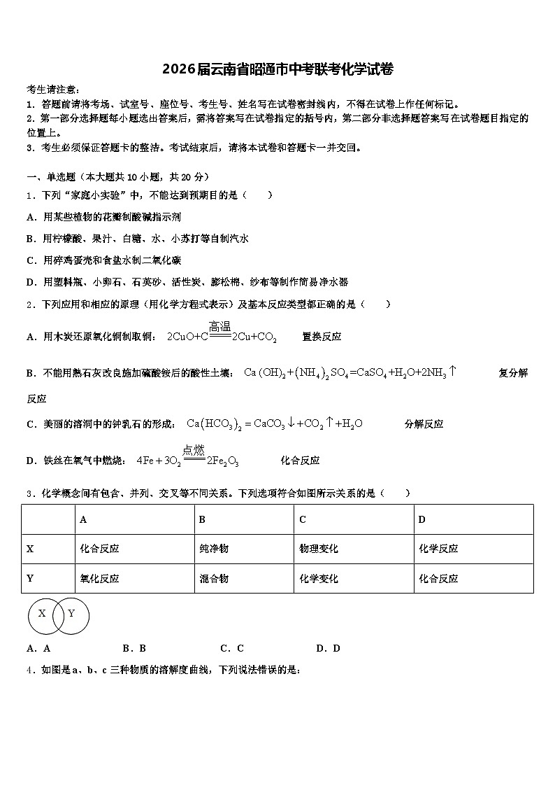 2026届云南省昭通市中考联考化学试卷（含答案解析）第1页