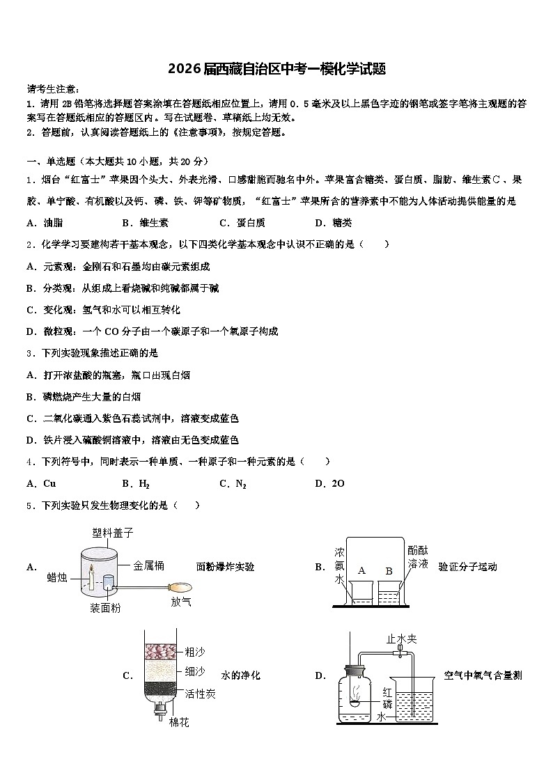 2026届西藏自治区中考一模化学试题（含答案解析）第1页