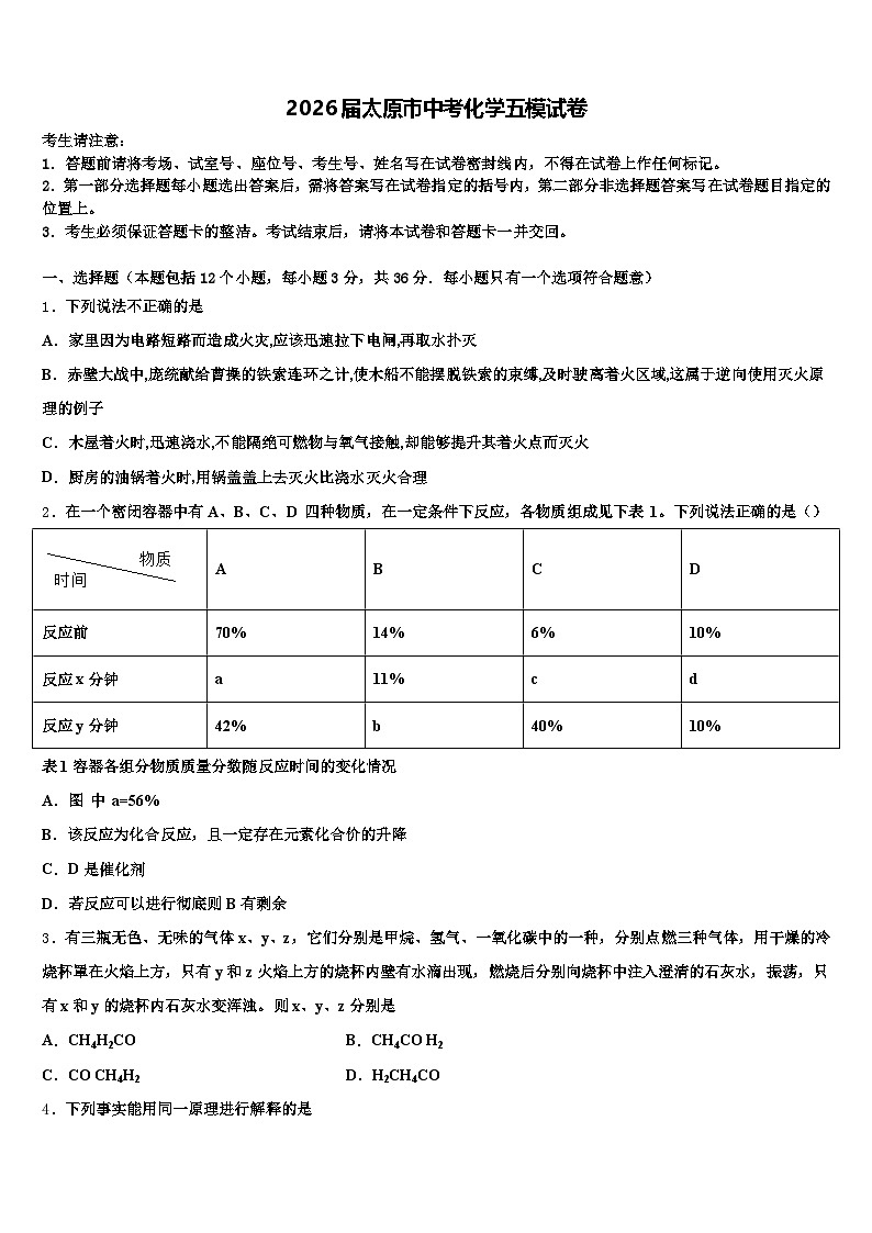 2026届太原市中考化学五模试卷（含答案解析）第1页