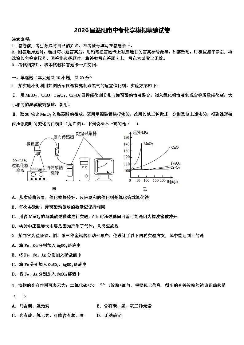 2026届益阳市中考化学模拟精编试卷（含答案解析）第1页