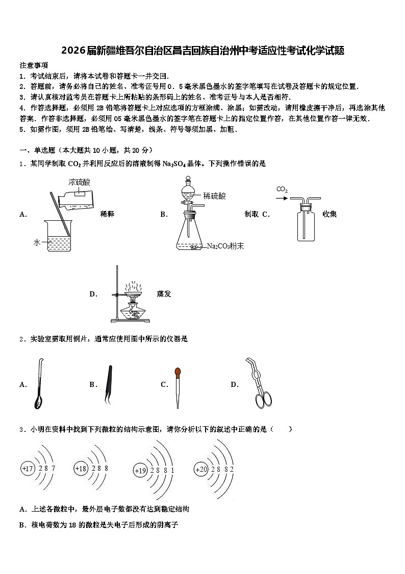 2026届新疆维吾尔自治区昌吉回族自治州中考适应性考试化学试题（含答案解析）第1页