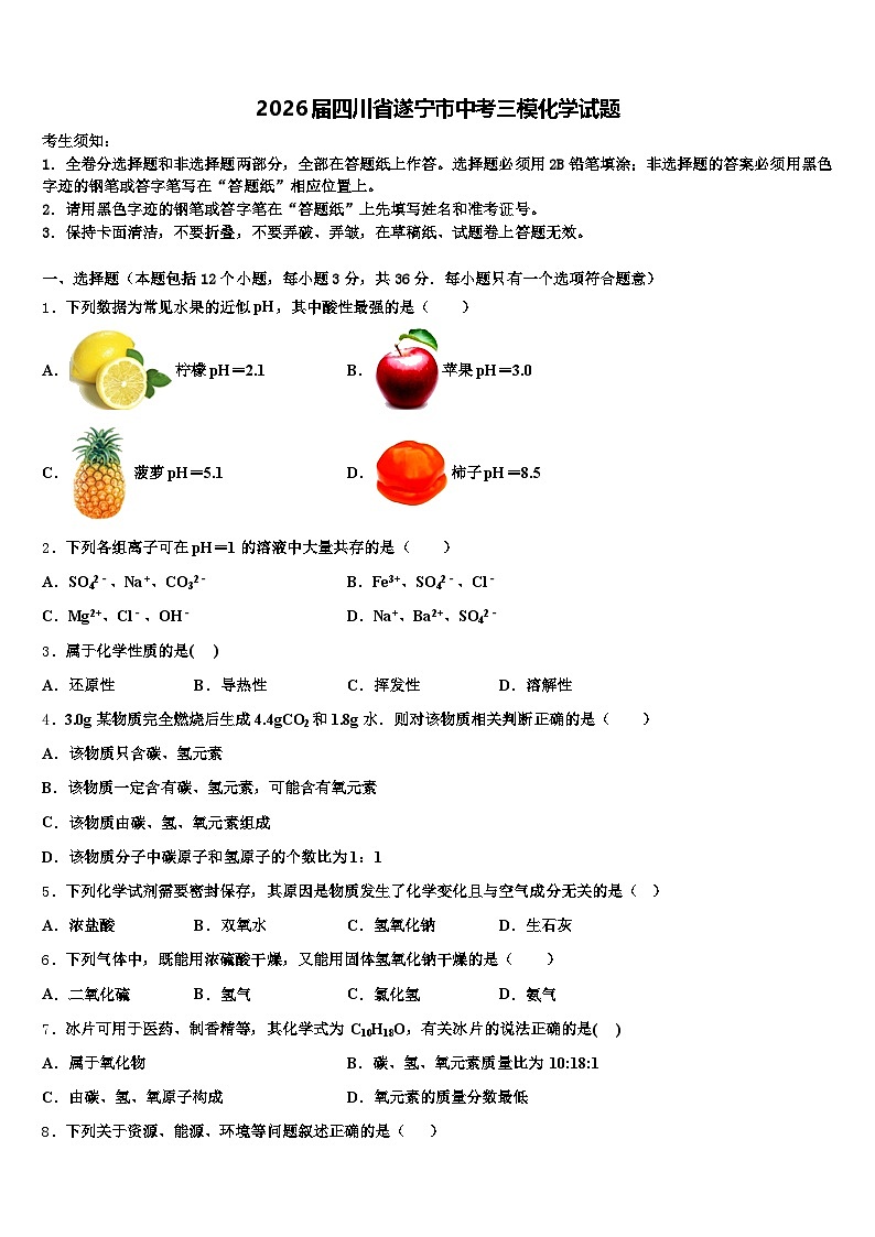 2026届四川省遂宁市中考三模化学试题（含答案解析）第1页