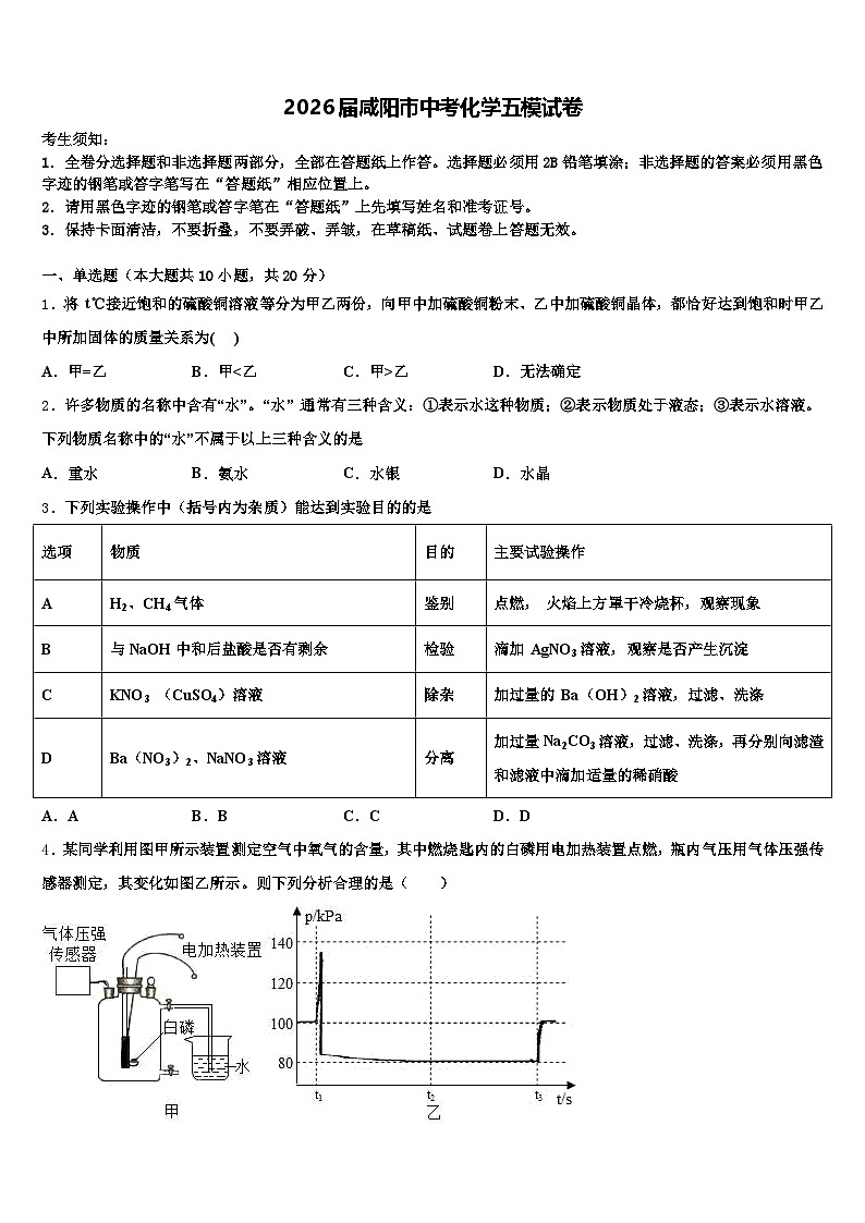 2026届咸阳市中考化学五模试卷（含答案解析）第1页