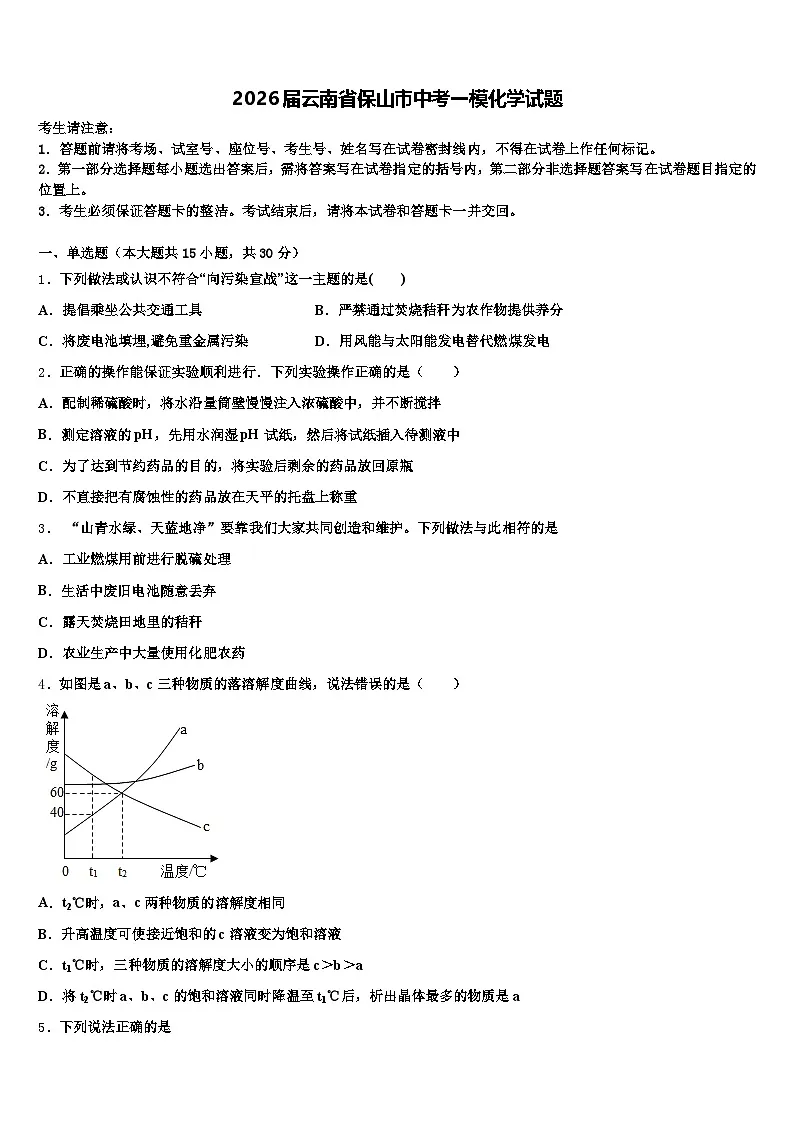 2026届云南省保山市中考一模化学试题（含答案解析）第1页