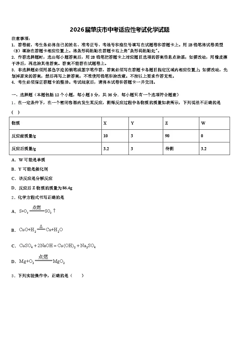 2026届肇庆市中考适应性考试化学试题（含答案解析）第1页