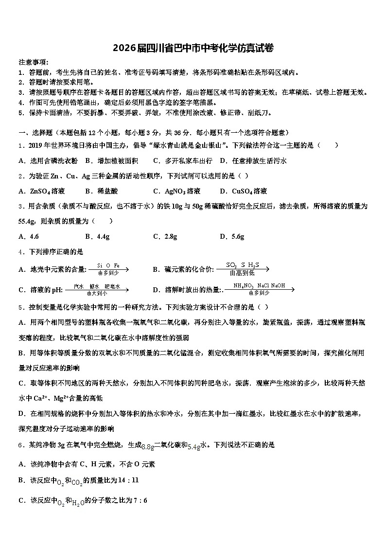 2026届四川省巴中市中考化学仿真试卷（含答案解析）第1页