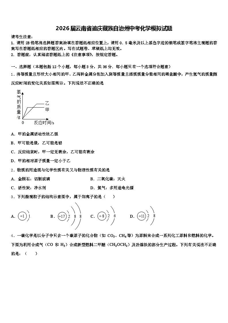 2026届云南省迪庆藏族自治州中考化学模拟试题（含答案解析）第1页