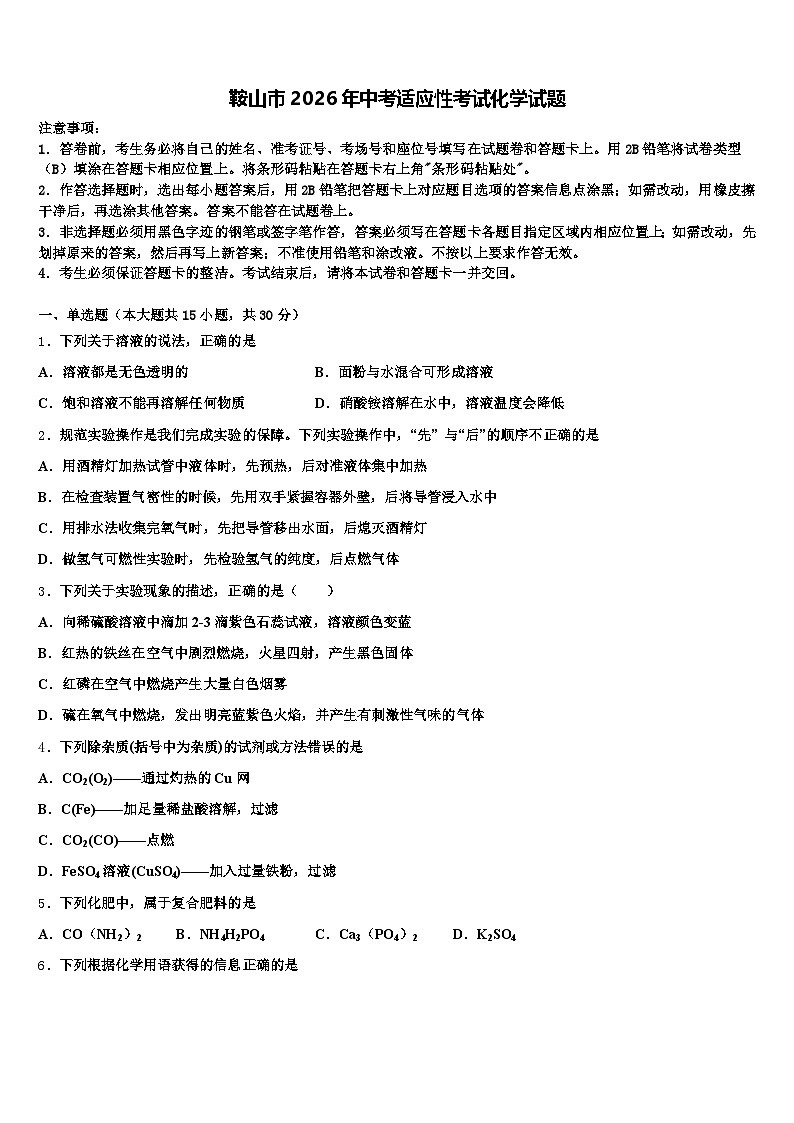 鞍山市2026年中考适应性考试化学试题（含答案解析）第1页