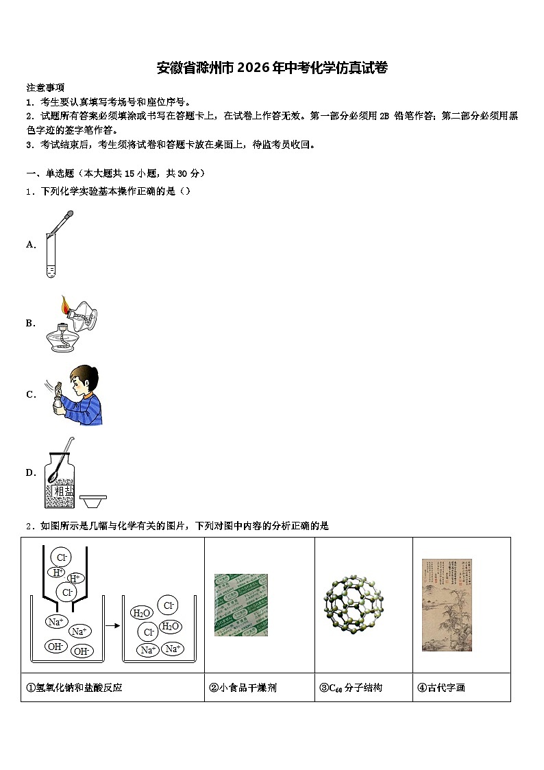 安徽省滁州市2026年中考化学仿真试卷（含答案解析）第1页