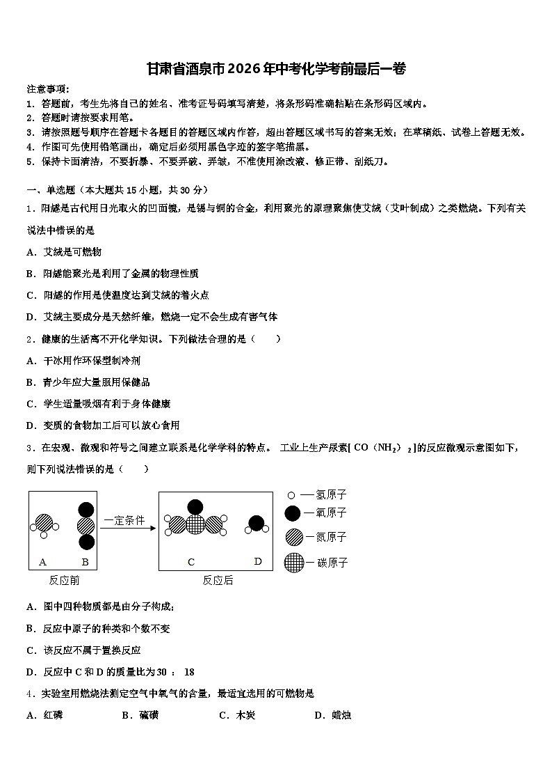 甘肃省酒泉市2026年中考化学考前最后一卷（含答案解析）第1页