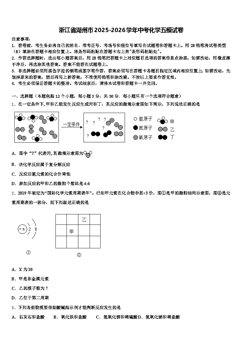 浙江省湖州市2025-2026学年中考化学五模试卷（含答案解析）第1页