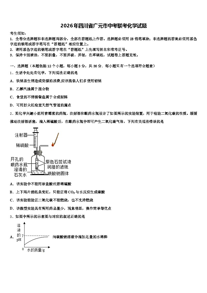 2026年四川省广元市中考联考化学试题（含答案解析）第1页