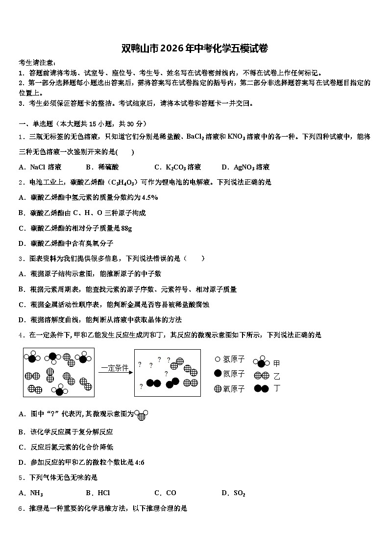 双鸭山市2026年中考化学五模试卷（含答案解析）第1页