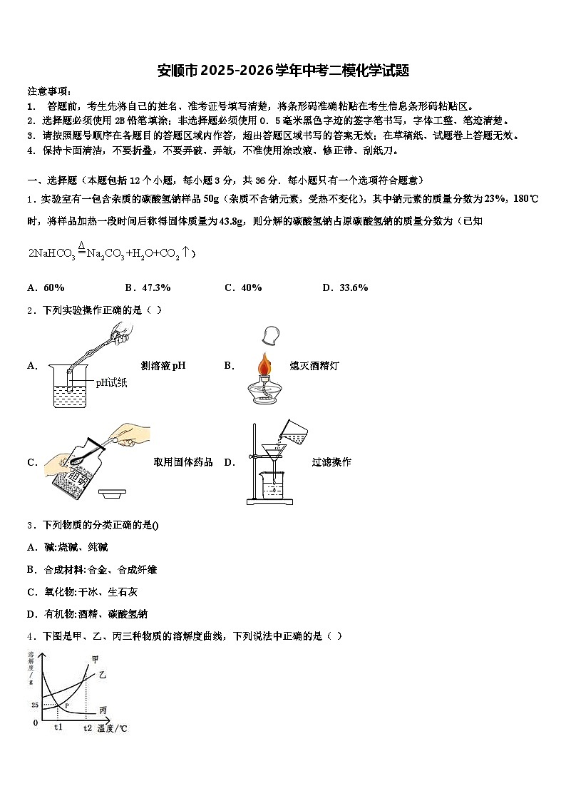 安顺市2025-2026学年中考二模化学试题（含答案解析）第1页