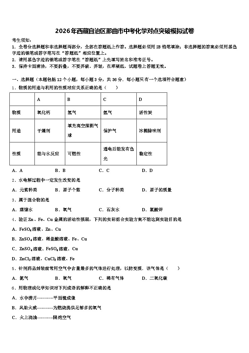 2026年西藏自治区那曲市中考化学对点突破模拟试卷（含答案解析）第1页