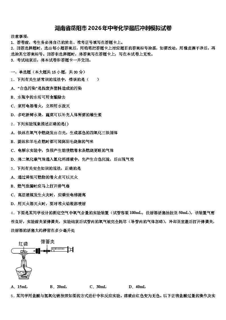 湖南省岳阳市2026年中考化学最后冲刺模拟试卷（含答案解析）第1页