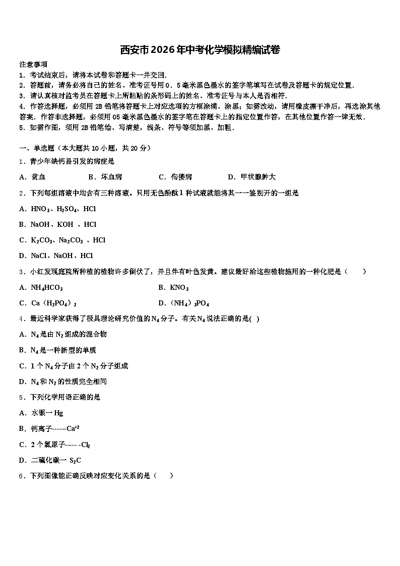 西安市2026年中考化学模拟精编试卷（含答案解析）第1页