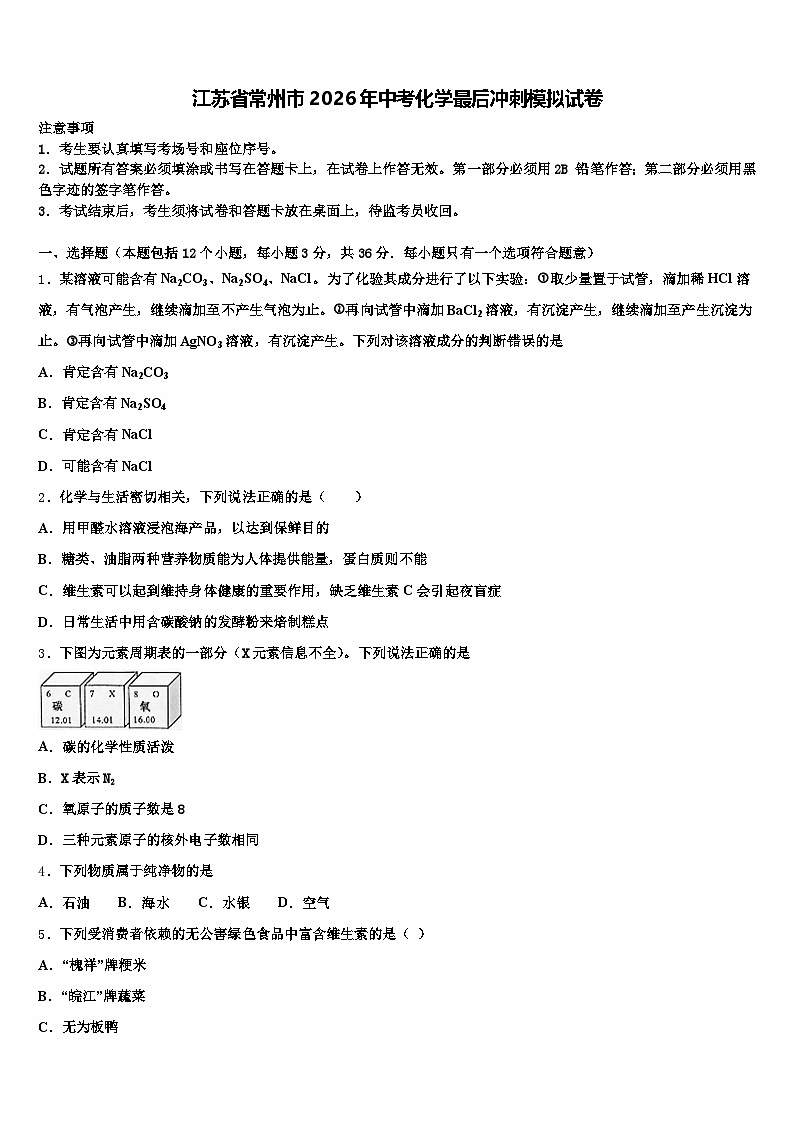 江苏省常州市2026年中考化学最后冲刺模拟试卷（含答案解析）第1页