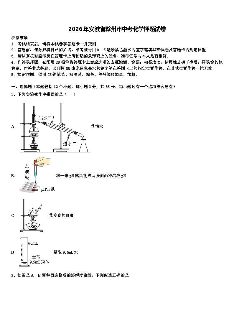 2026年安徽省滁州市中考化学押题试卷（含答案解析）第1页