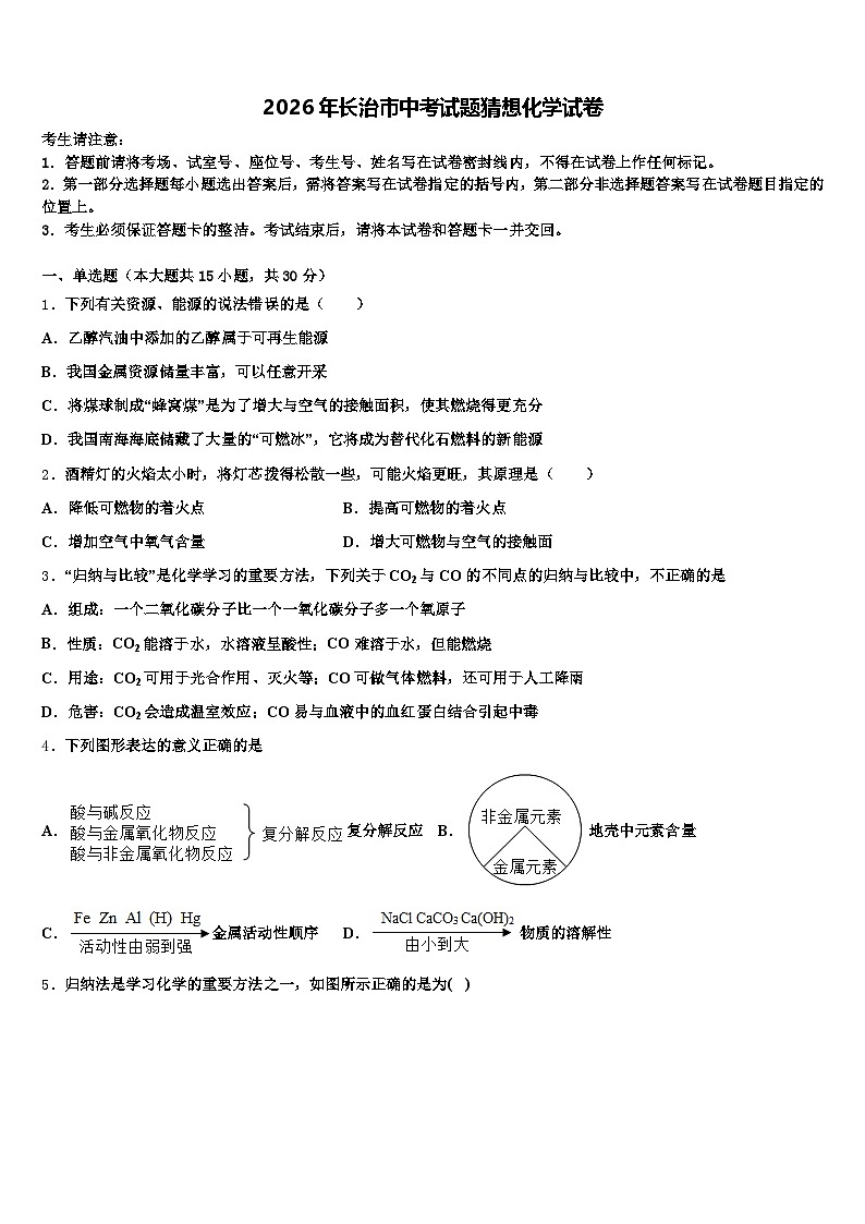 2026年长治市中考试题猜想化学试卷（含答案解析）第1页