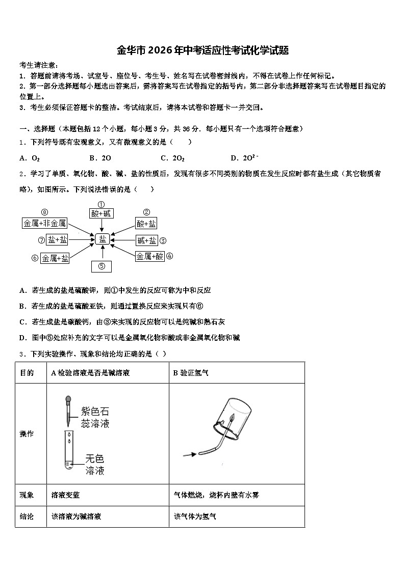 金华市2026年中考适应性考试化学试题（含答案解析）第1页