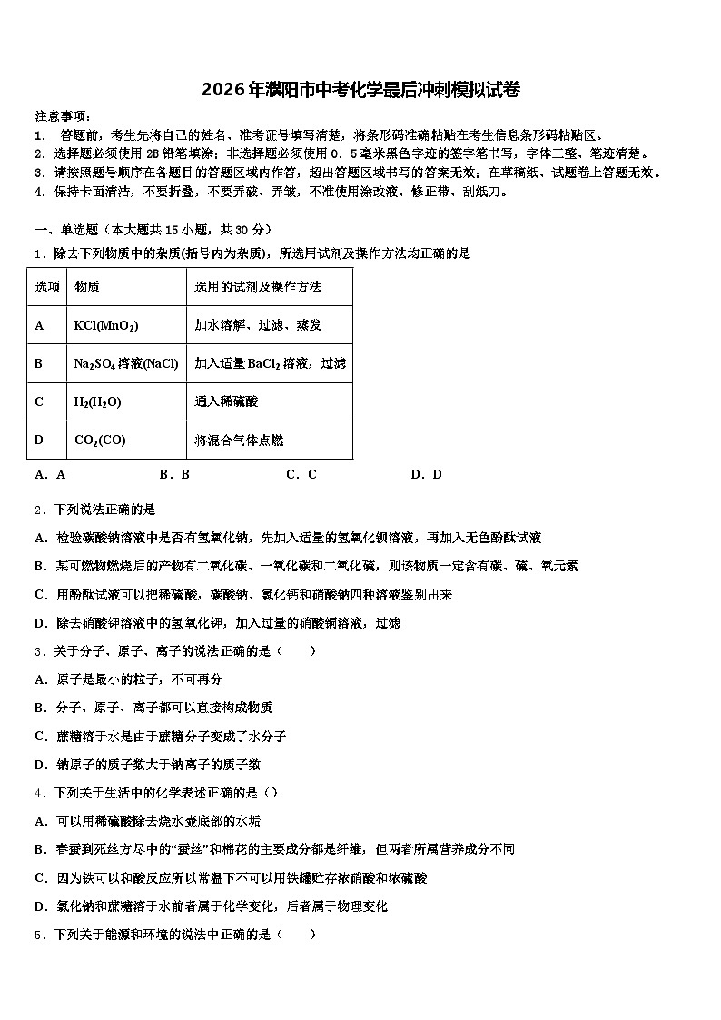 2026年濮阳市中考化学最后冲刺模拟试卷（含答案解析）第1页
