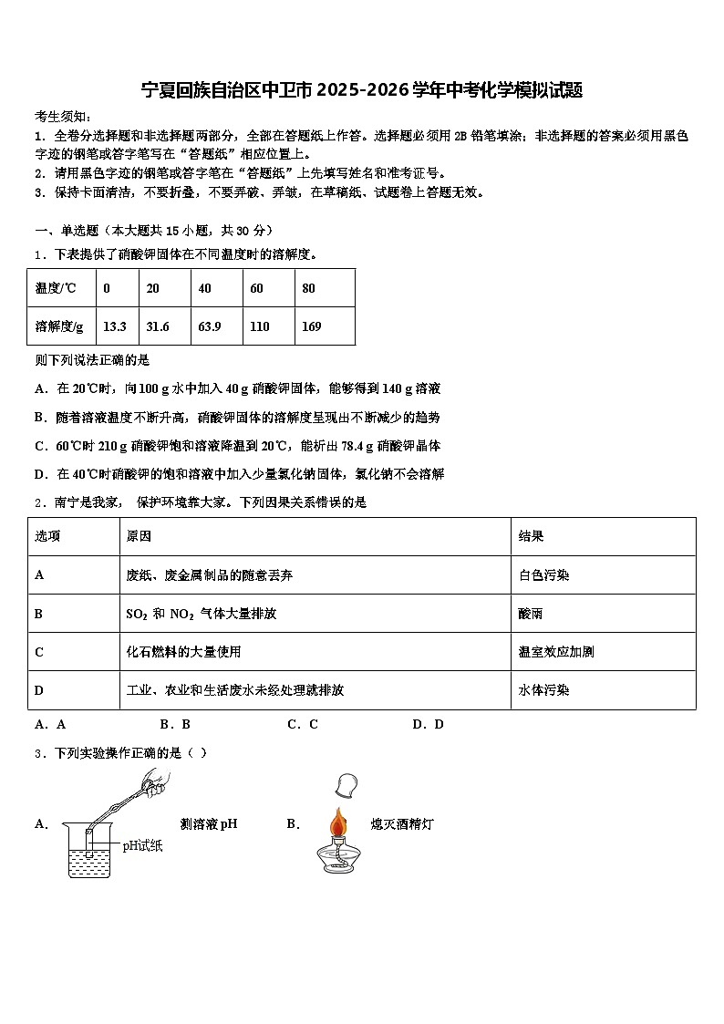 宁夏回族自治区中卫市2025-2026学年中考化学模拟试题（含答案解析）第1页