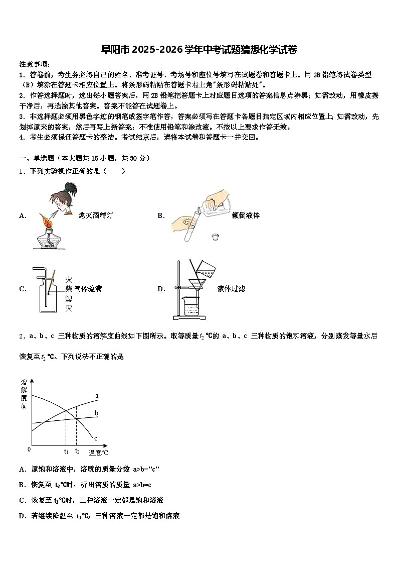 阜阳市2025-2026学年中考试题猜想化学试卷（含答案解析）第1页
