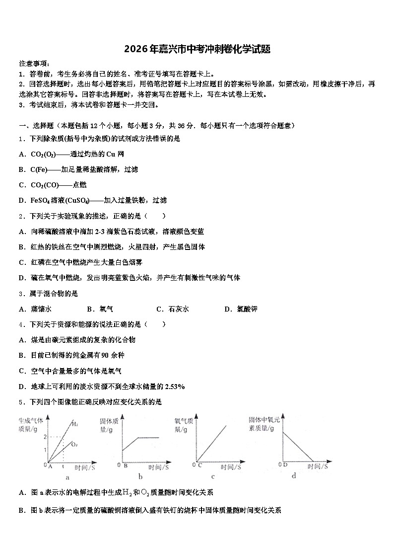 2026年嘉兴市中考冲刺卷化学试题（含答案解析）第1页