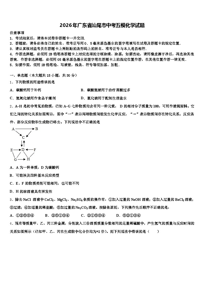 2026年广东省汕尾市中考五模化学试题（含答案解析）第1页
