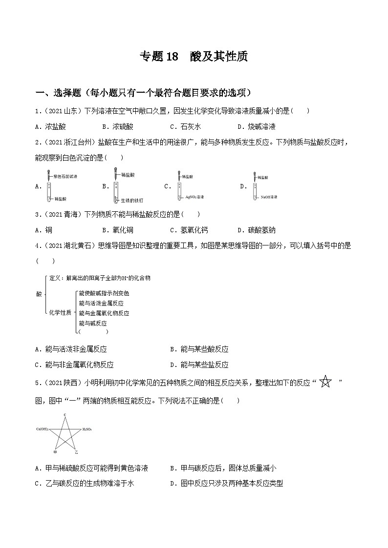 中考化学一轮复习考点提升练习专题18酸及其性质（原卷版）第1页