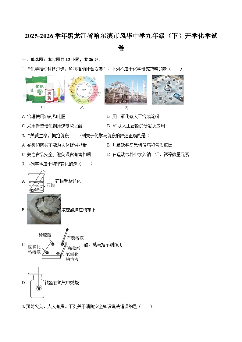 2025-2026学年黑龙江省哈尔滨市风华中学九年级（下）开学化学试卷-自定义类型第1页