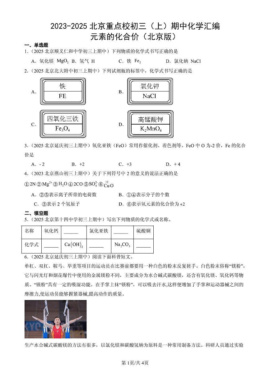 2023-2025北京重点校初三（上）期中化学汇编：元素的化合价（北京版）练习第1页