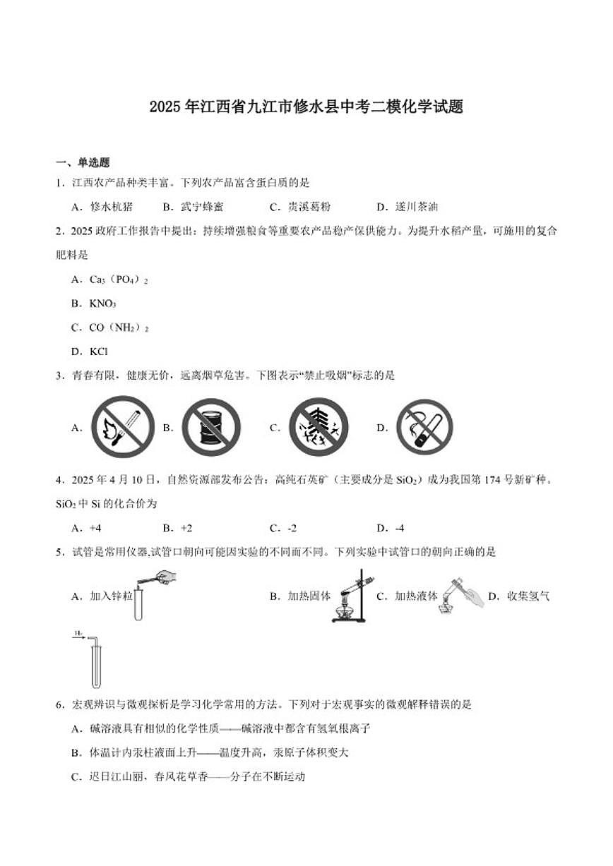 2025年江西省九江市修水县九年级下学期中考二模化学试卷(含答案)第1页