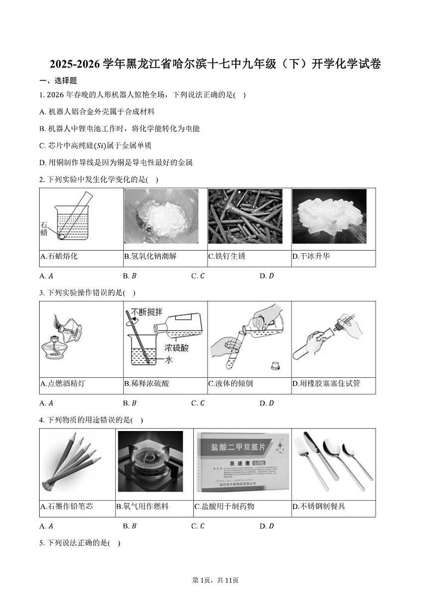 2025-2026学年黑龙江省哈尔滨市第十七中学九年级（下）开学化学试卷（含答案）第1页