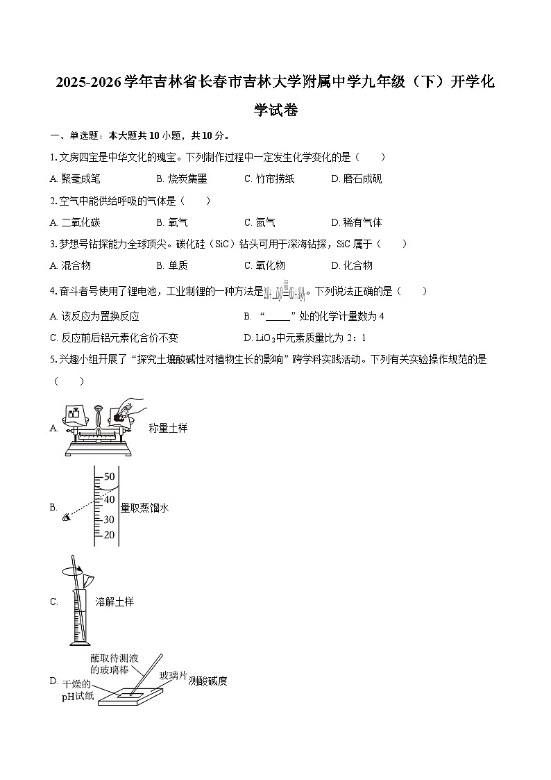 2025-2026学年吉林省长春市吉林大学附属中学九年级（下）开学化学试卷-自定义类型第1页