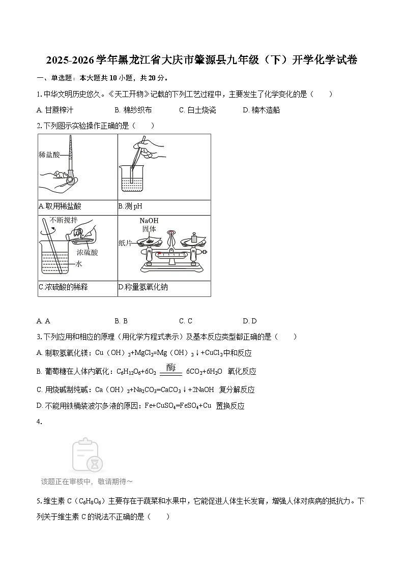 2025-2026学年黑龙江省大庆市肇源县九年级（下）开学化学试卷-自定义类型第1页