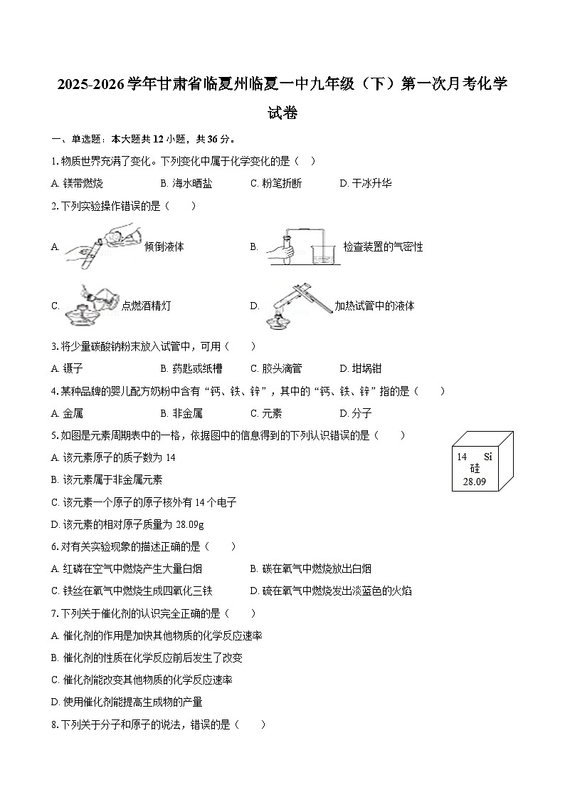 2025-2026学年甘肃省临夏州临夏一中九年级（下）第一次月考化学试卷-自定义类型第1页