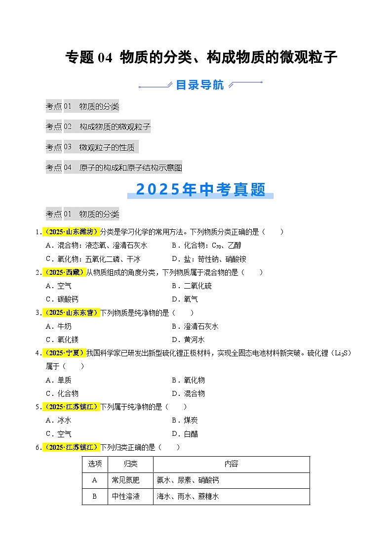 专题04 物质的分类、构成物质的微观粒子（全国通用）（原卷版）第1页