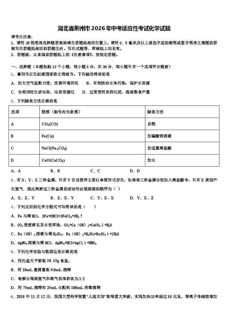湖北省荆州市2026年中考适应性考试化学试题（含答案解析）第1页