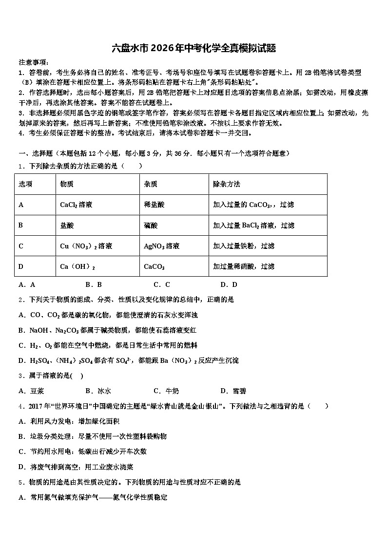 六盘水市2026年中考化学全真模拟试题（含答案解析）第1页