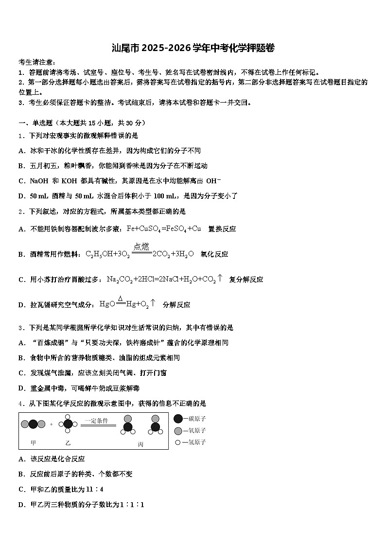 汕尾市2025-2026学年中考化学押题卷（含答案解析）第1页