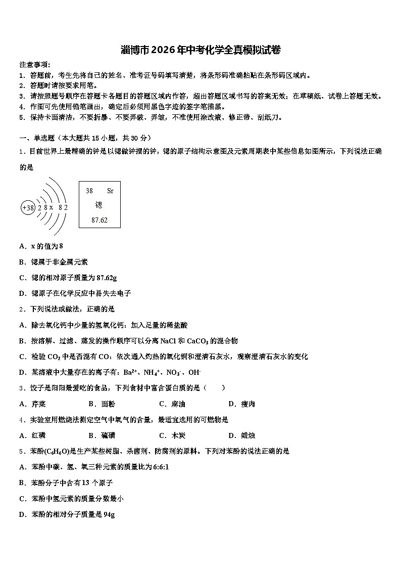淄博市2026年中考化学全真模拟试卷（含答案解析）第1页