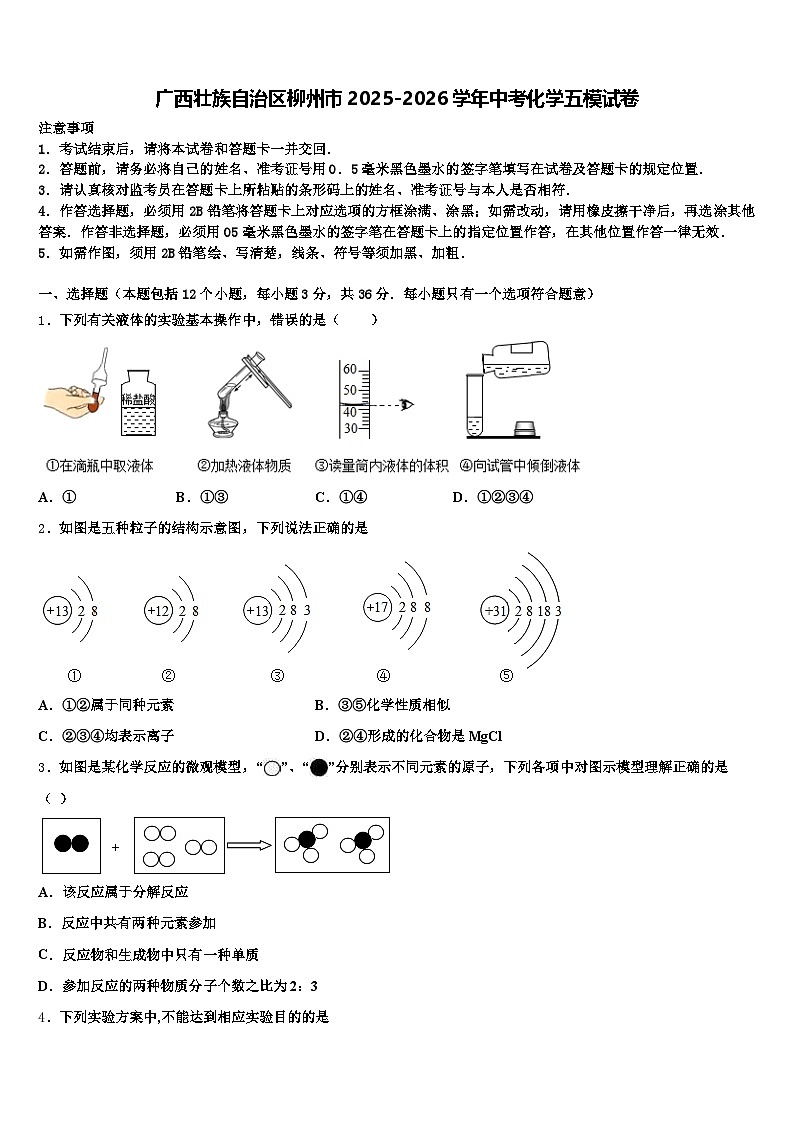 广西壮族自治区柳州市2025-2026学年中考化学五模试卷（含答案解析）第1页