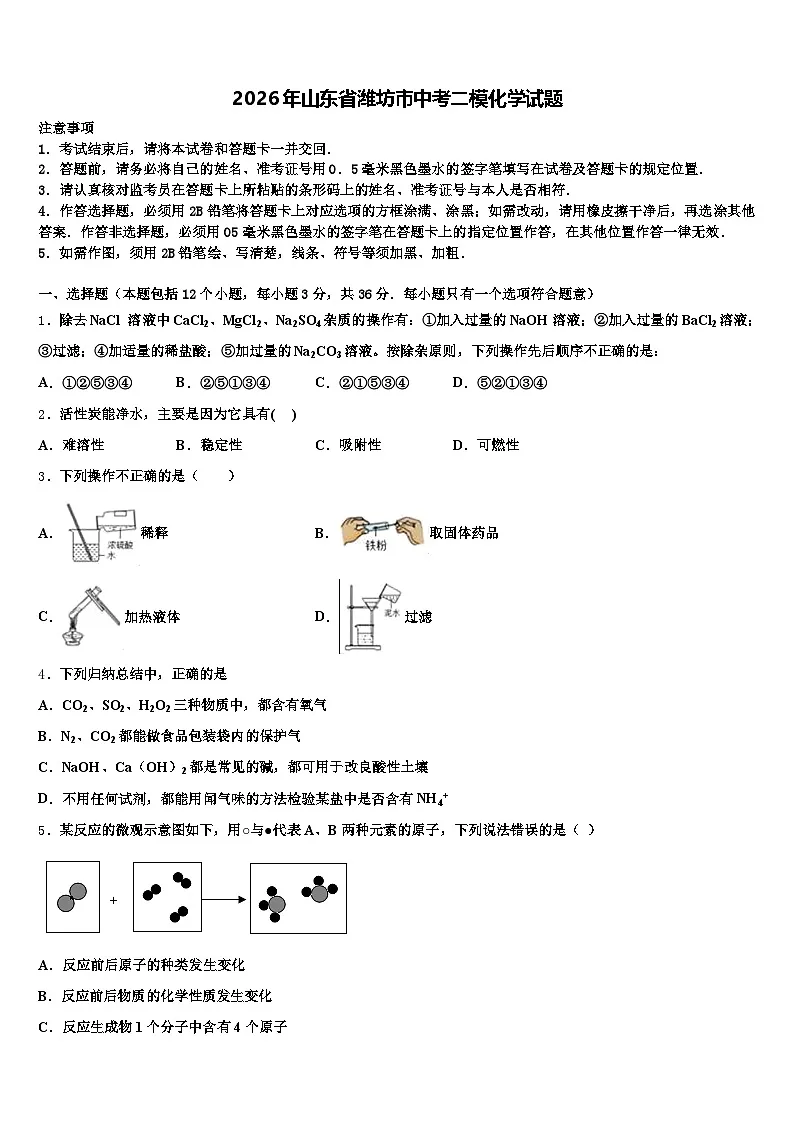2026年山东省潍坊市中考二模化学试题（含答案解析）第1页