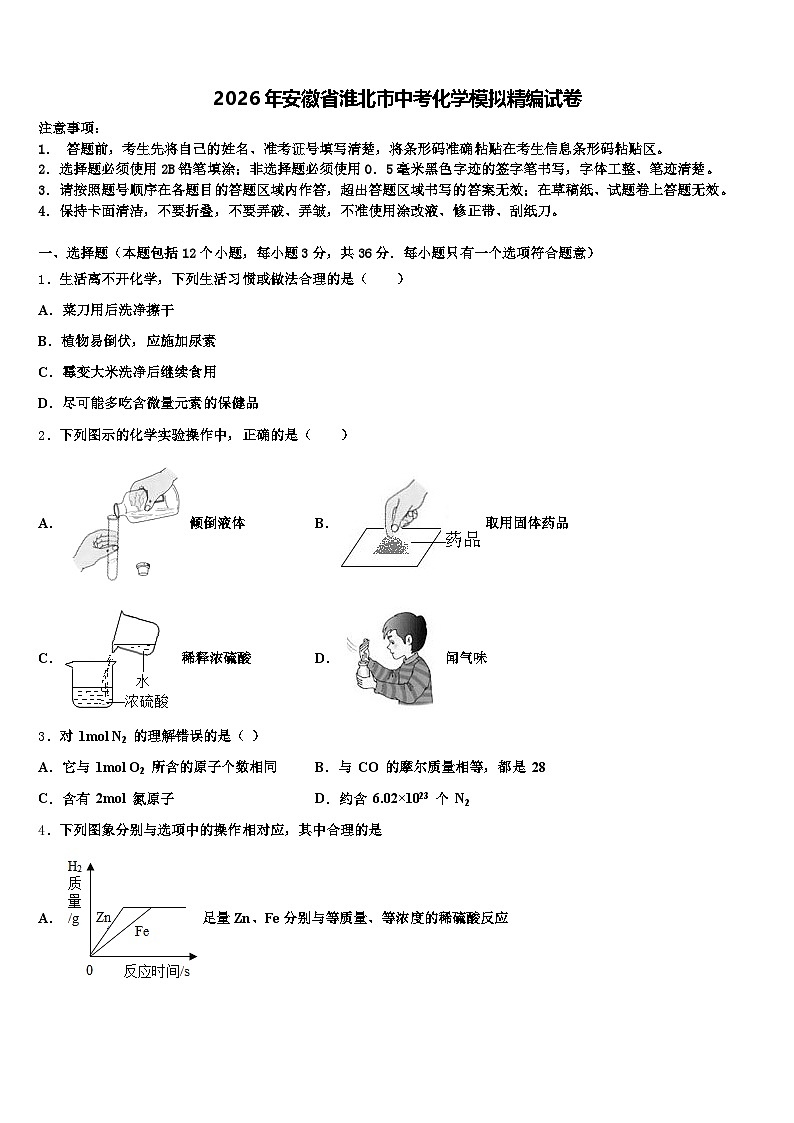 2026年安徽省淮北市中考化学模拟精编试卷（含答案解析）第1页
