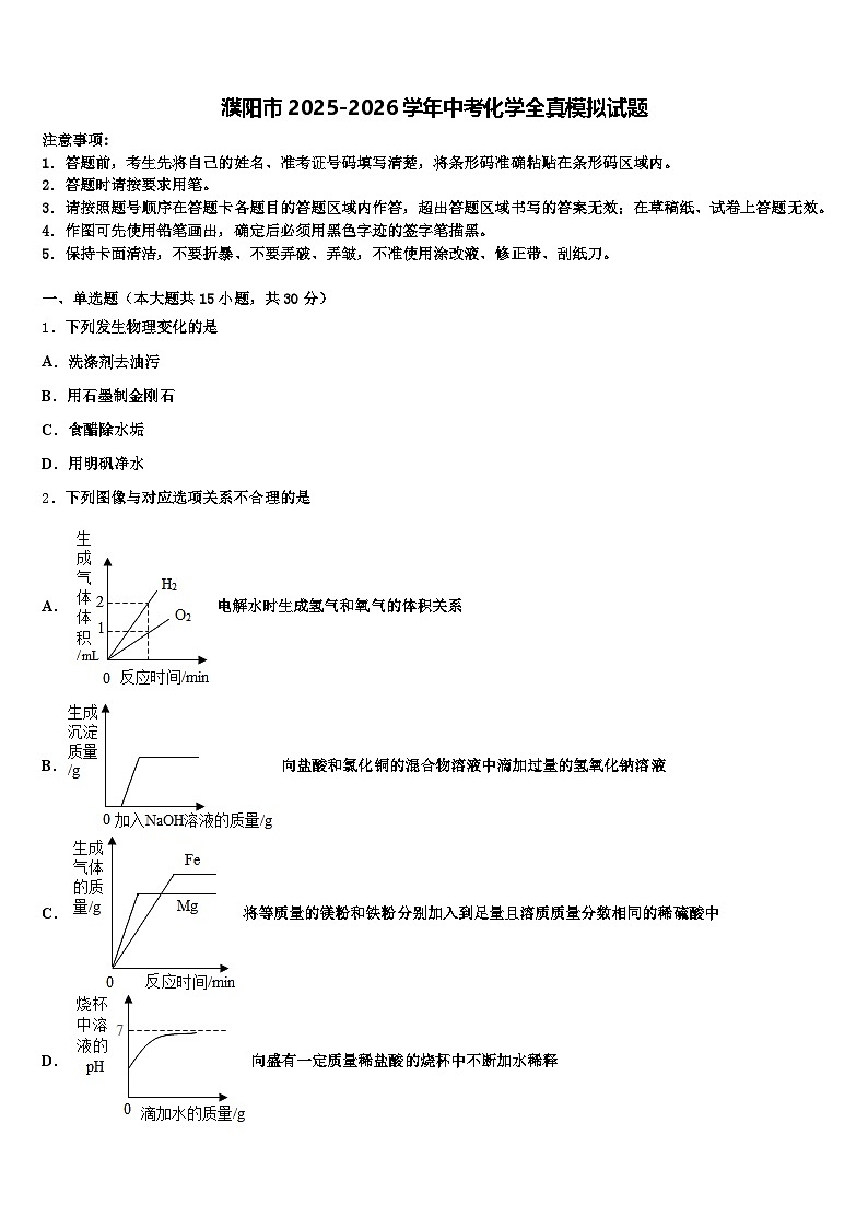 濮阳市2025-2026学年中考化学全真模拟试题（含答案解析）第1页